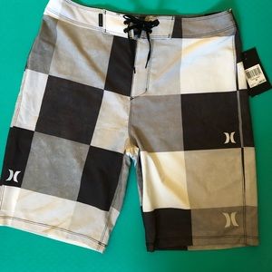 Grey and White Checkered Hurley Swim Trunks